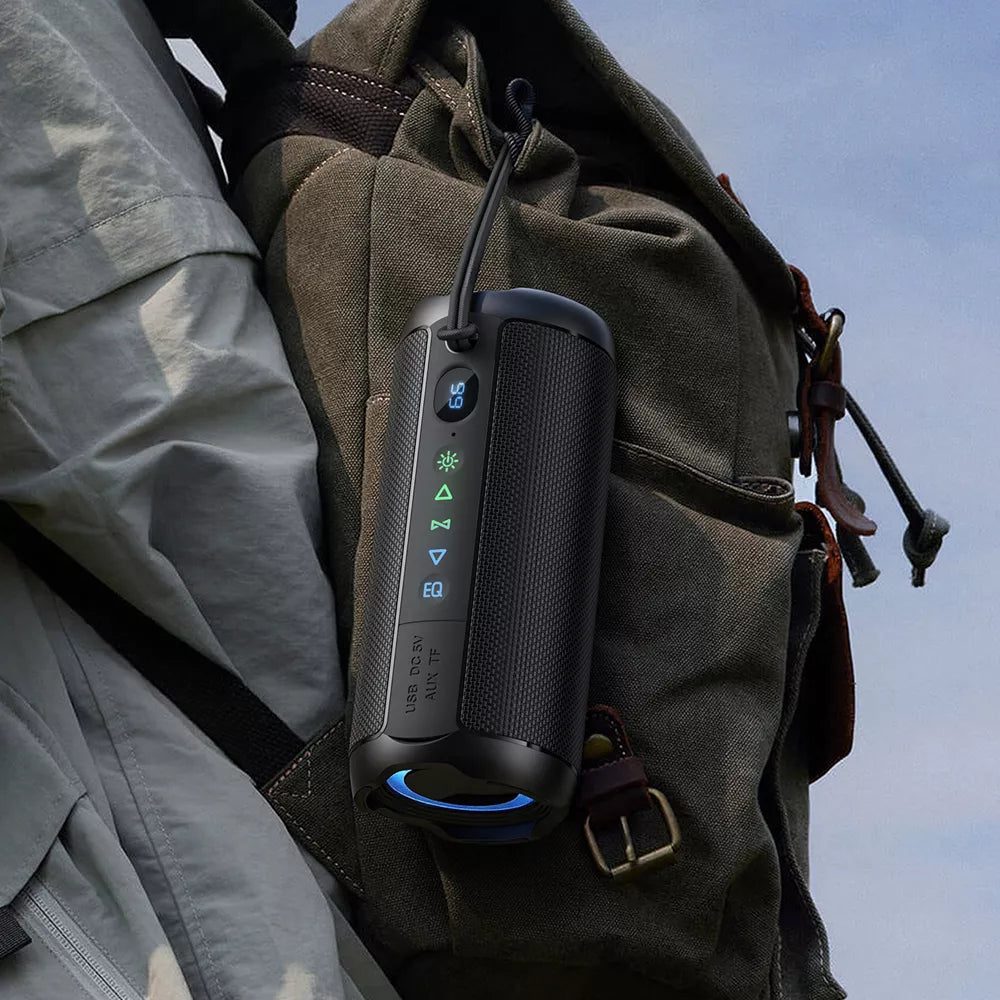 Black Acefast portable Bluetooth speaker with a front display and RGB lighting ring.