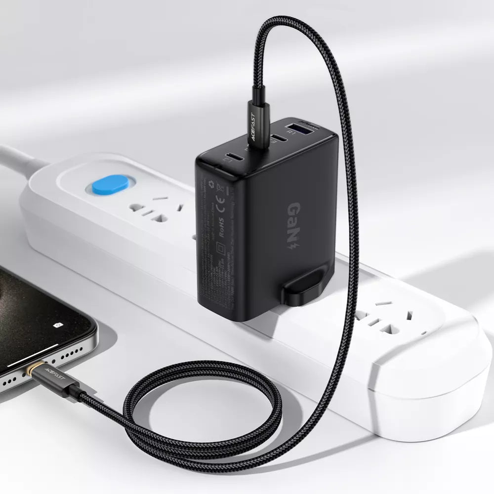 Black braided Acefast USB-C cable with a lit charging indicator.