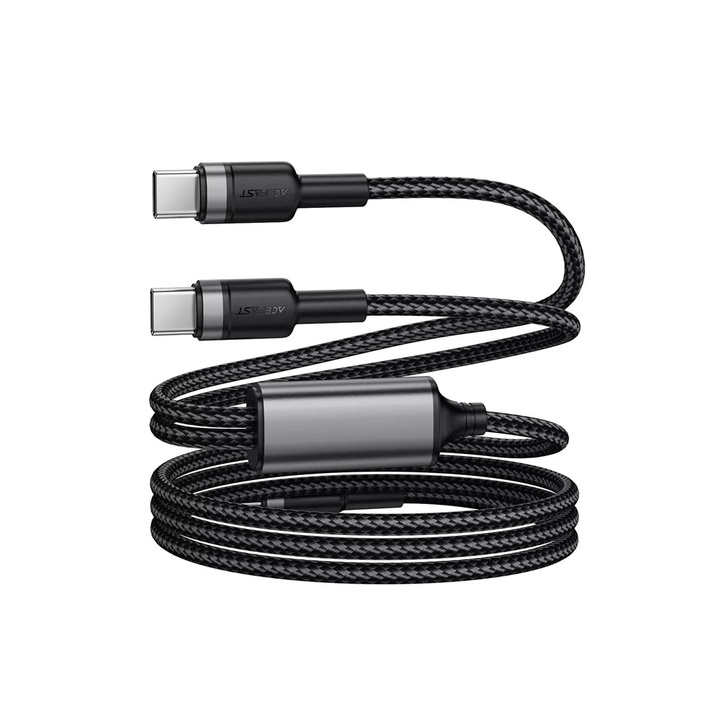 Black braided Acefast cable splitting from one USB-C plug into two USB-C ends.