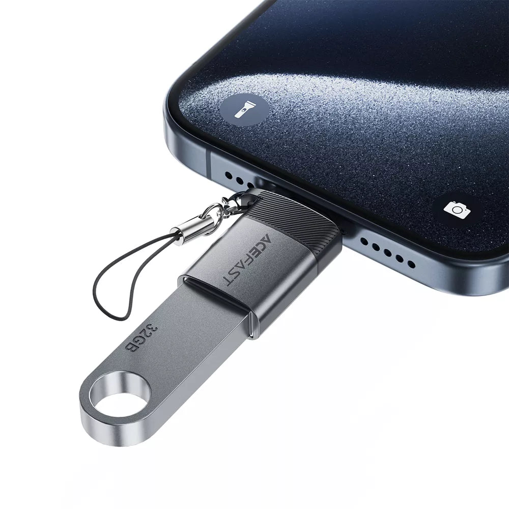 Small Acefast adapter with a USB-A plug and a USB-C socket.