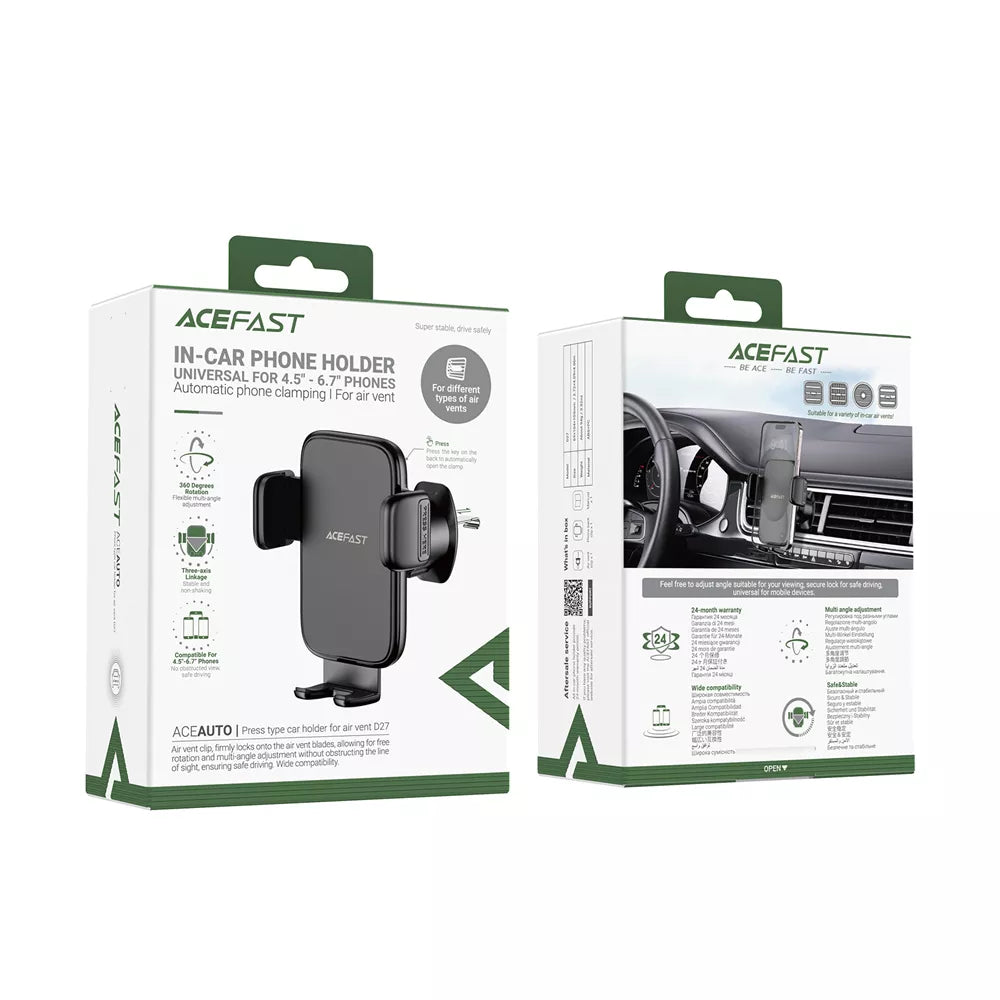 Black Acefast car vent holder with a long arm clip and adjustable foot.