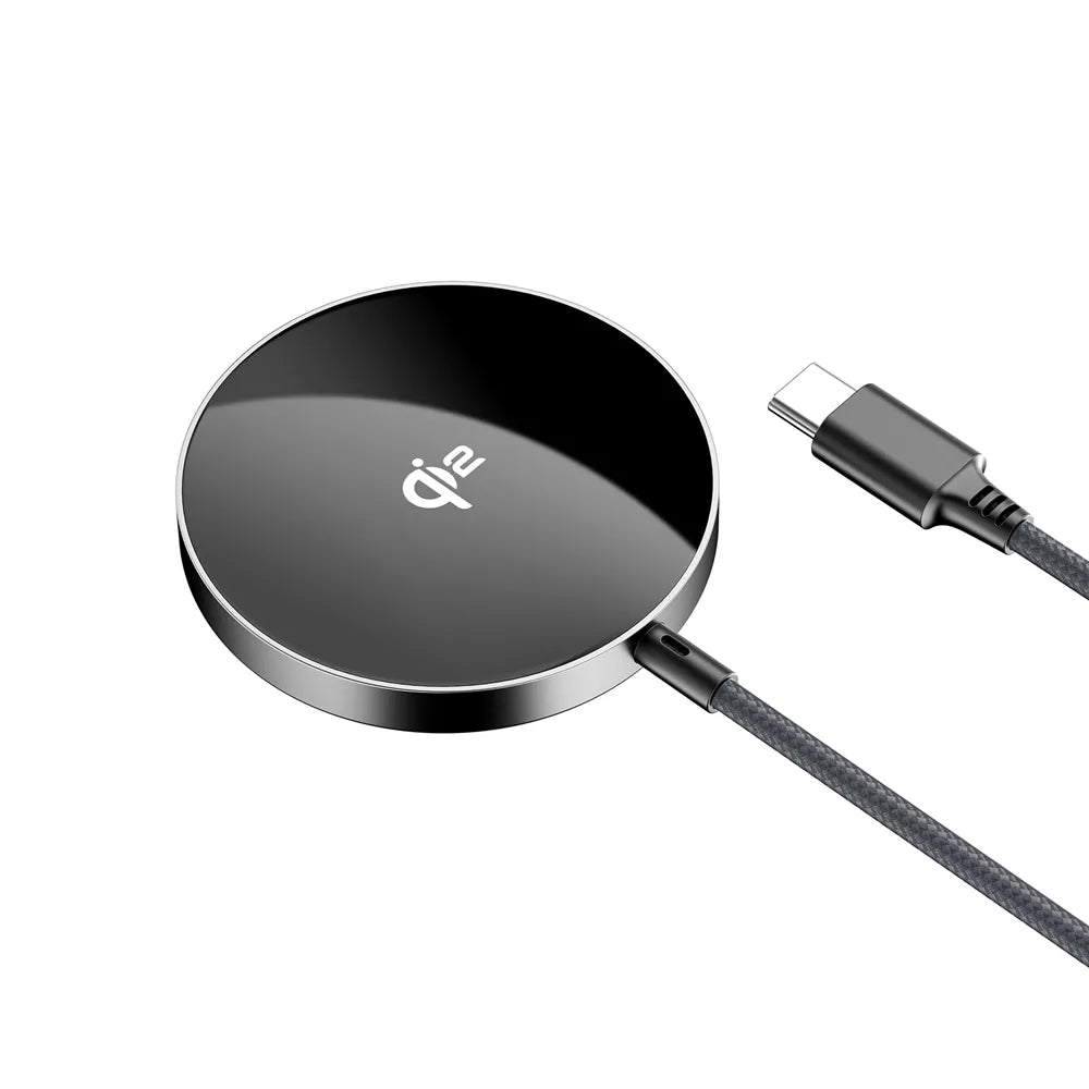 Black Acefast magnetic Qi2 charging puck on a braided USB-C cable.