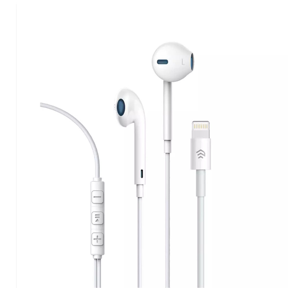 White Devia in-ear earphones with a Lightning connector and inline volume button.