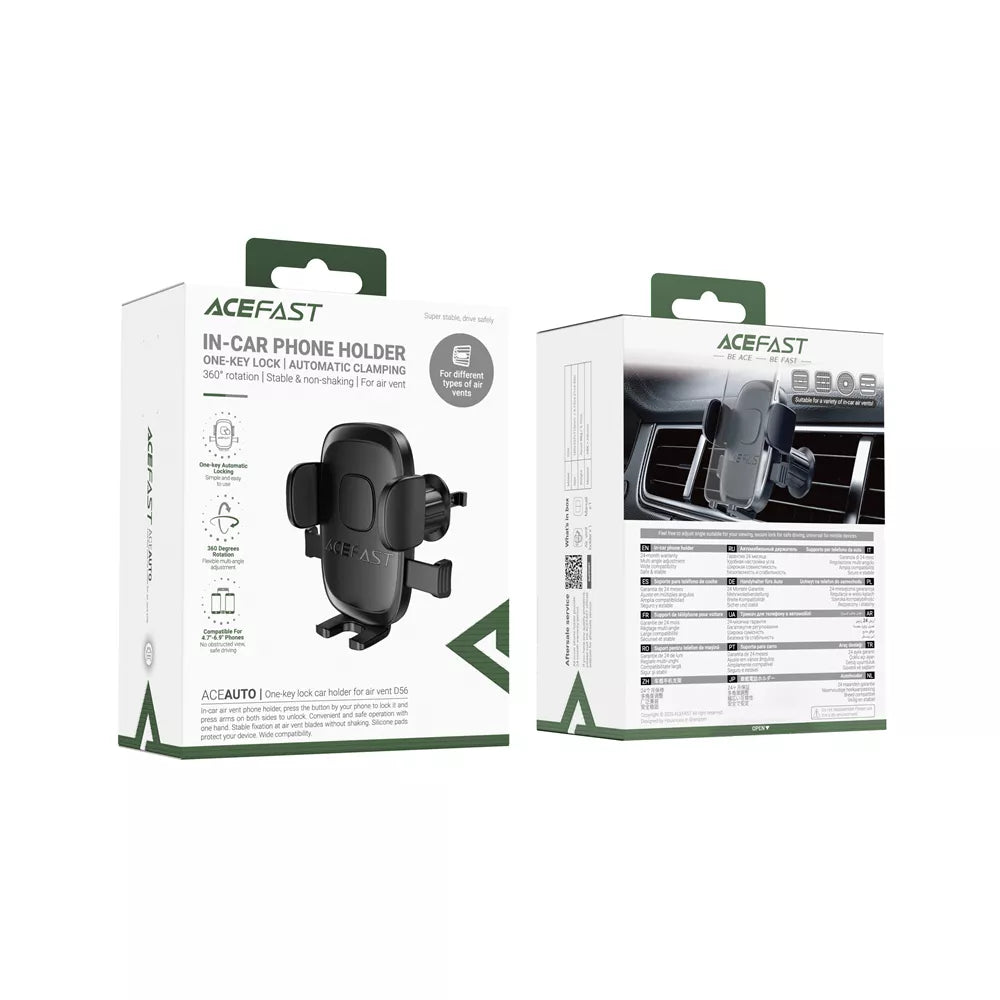 Black Acefast clamping phone holder locked onto a car air vent blade.