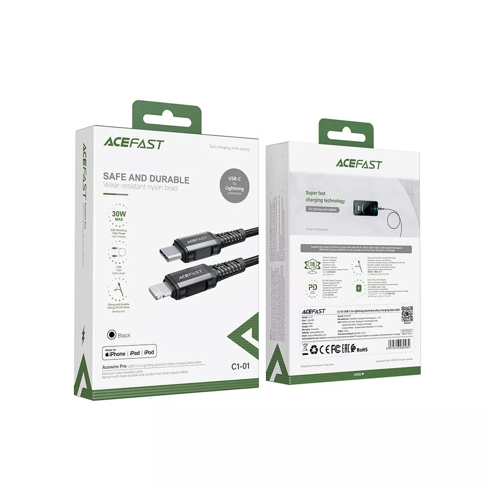 Black braided Acefast USB-C to Lightning cable with alloy connectors.