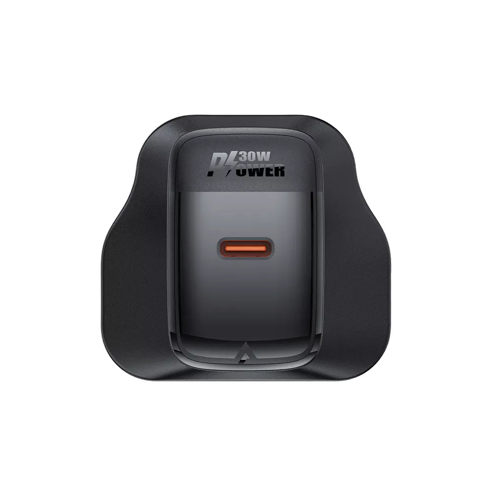Black Acefast 30W UK plug with a single USB-C port.