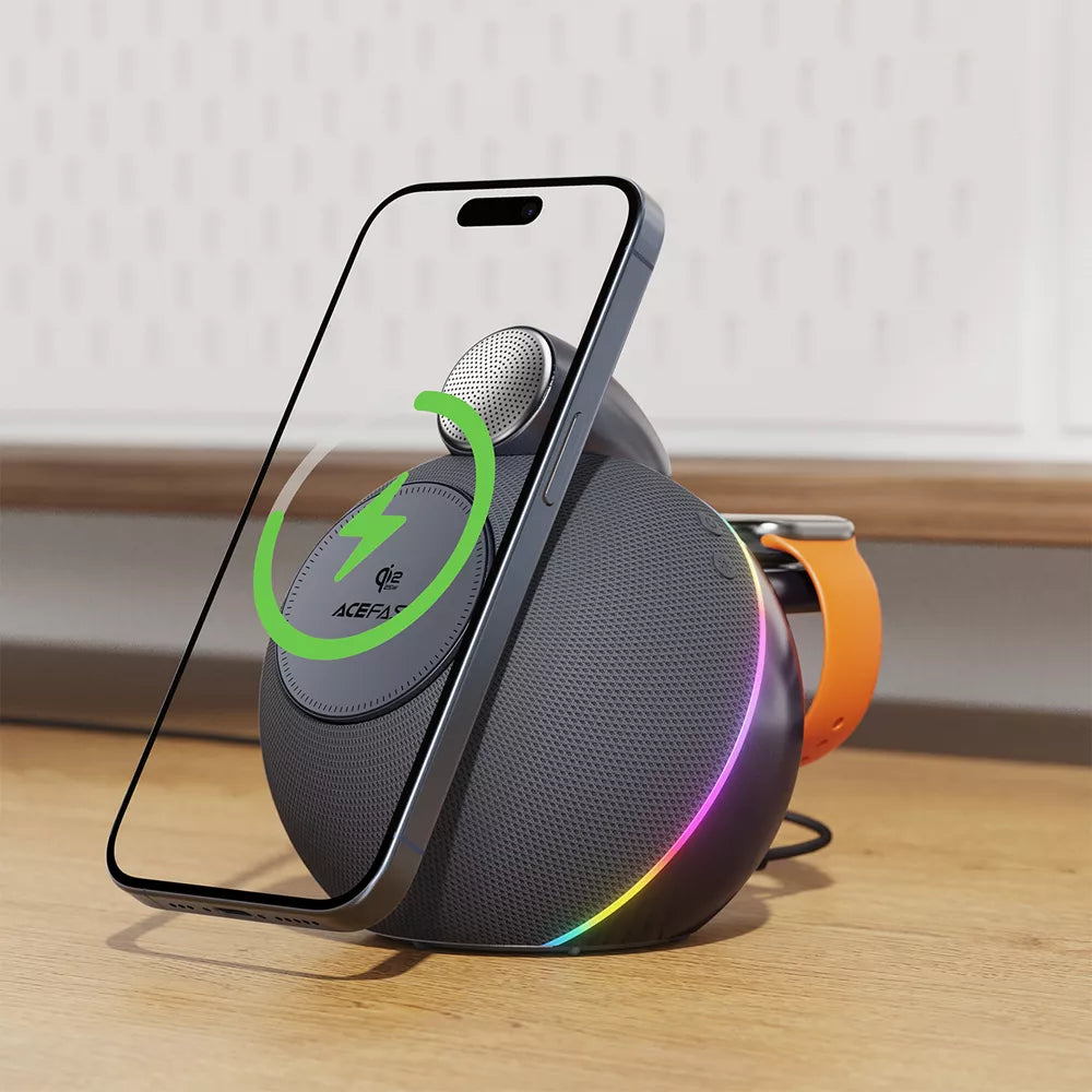 Grey Acefast bedside speaker with a magnetic MagSafe charging pad on the front.