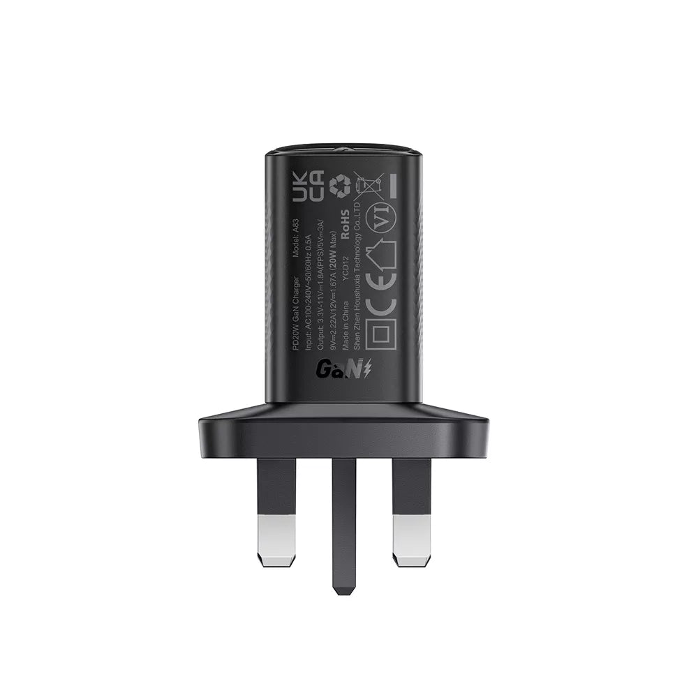 Black Acefast 20W UK plug with a single USB-C port.