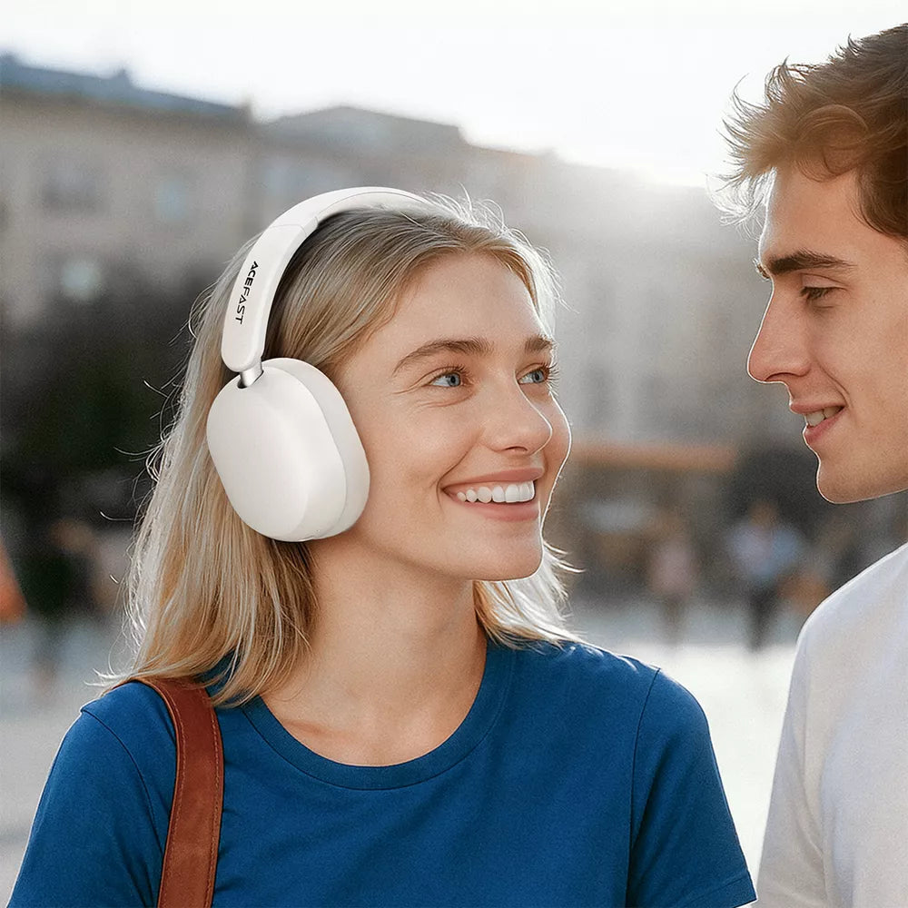 Black Acefast foldable on-ear wireless headphones with noise cancelling, folded flat.