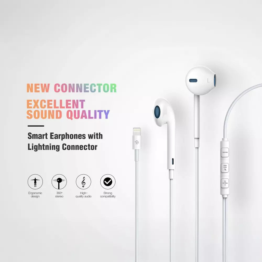 White Devia in-ear earphones with a Lightning connector and inline volume button.
