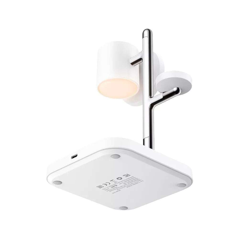 White Acefast Qi2 charging pad with an upright phone mount, earbuds area and watch pad.