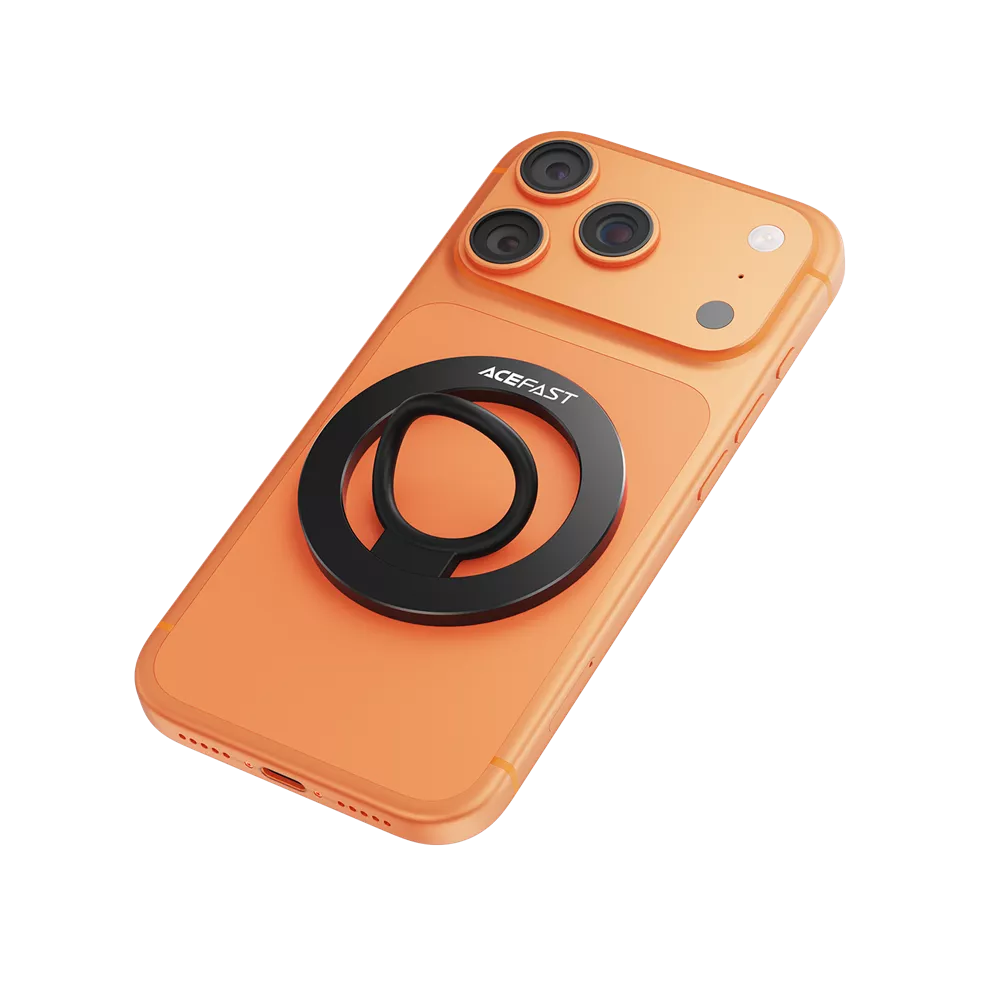 Black Acefast magnetic ring grip on the back of an iPhone.