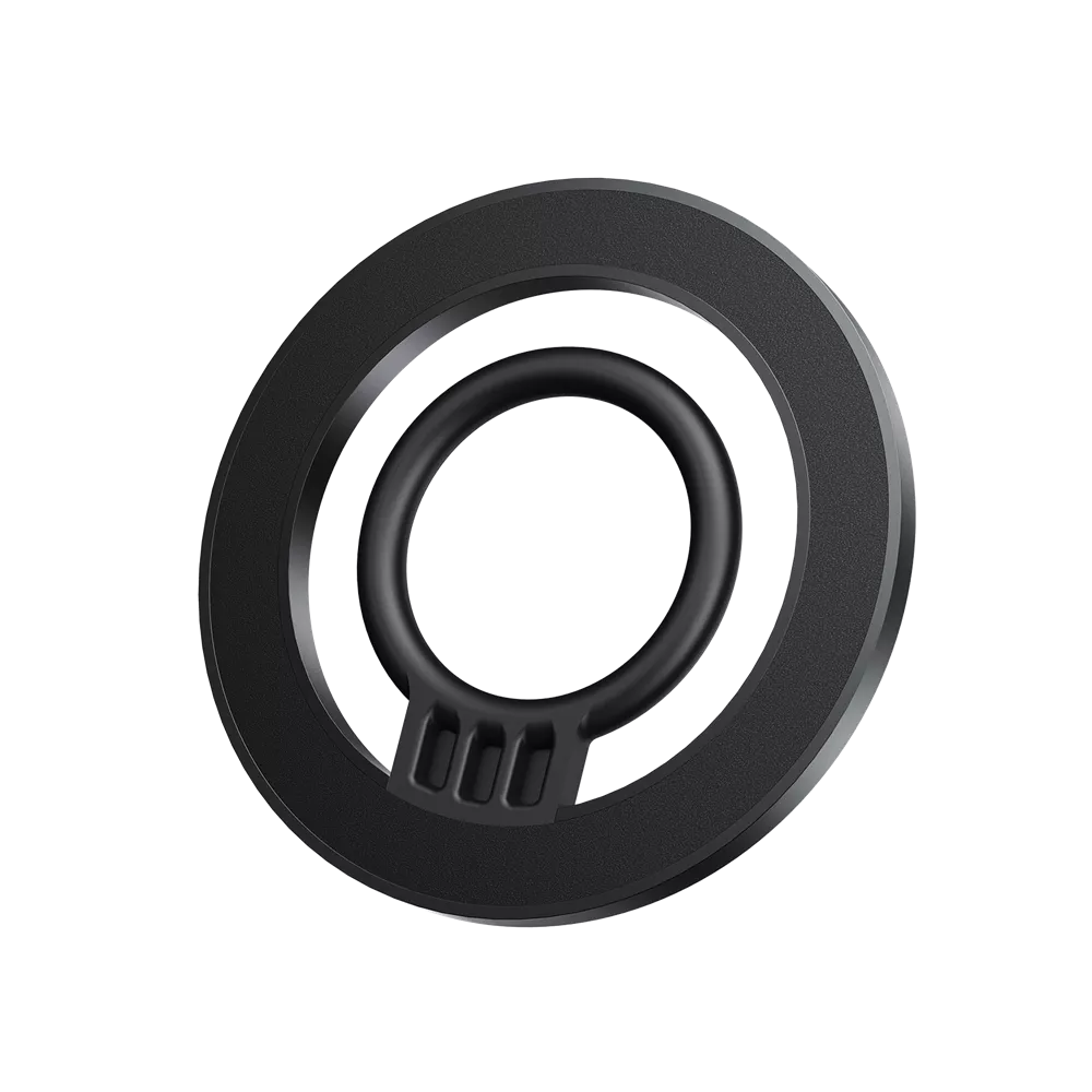 Black Acefast magnetic ring grip on the back of an iPhone.