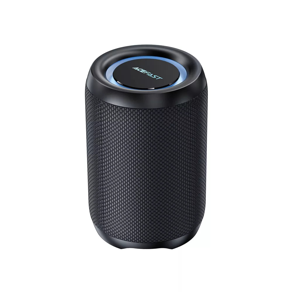 Black Acefast portable Bluetooth speaker with a fabric mesh grille, standing upright.