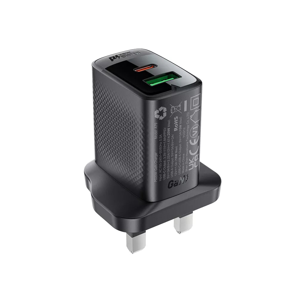 Black Acefast 20W UK plug with a USB-C and a USB-A port.