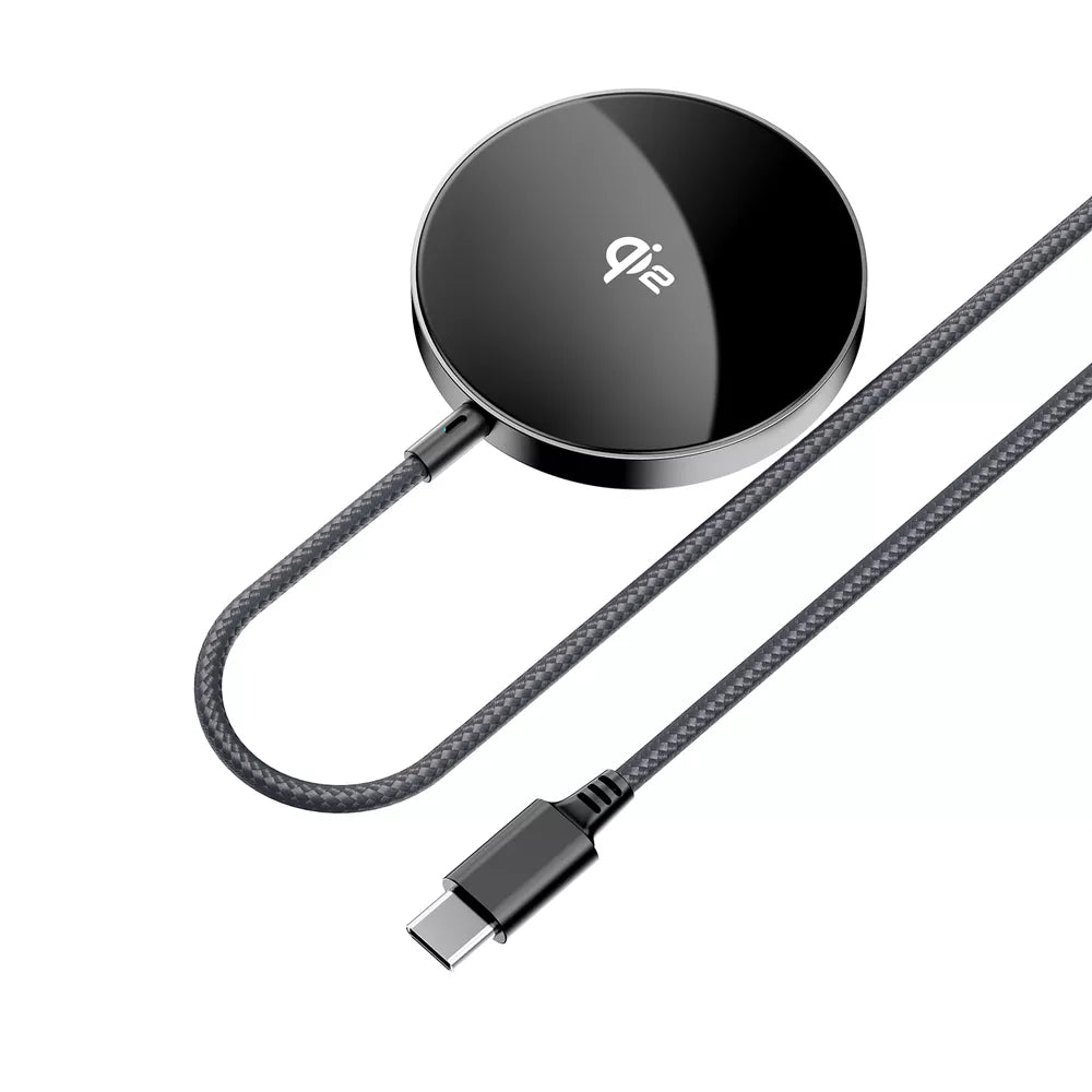 Black Acefast magnetic Qi2 charging puck on a braided USB-C cable.
