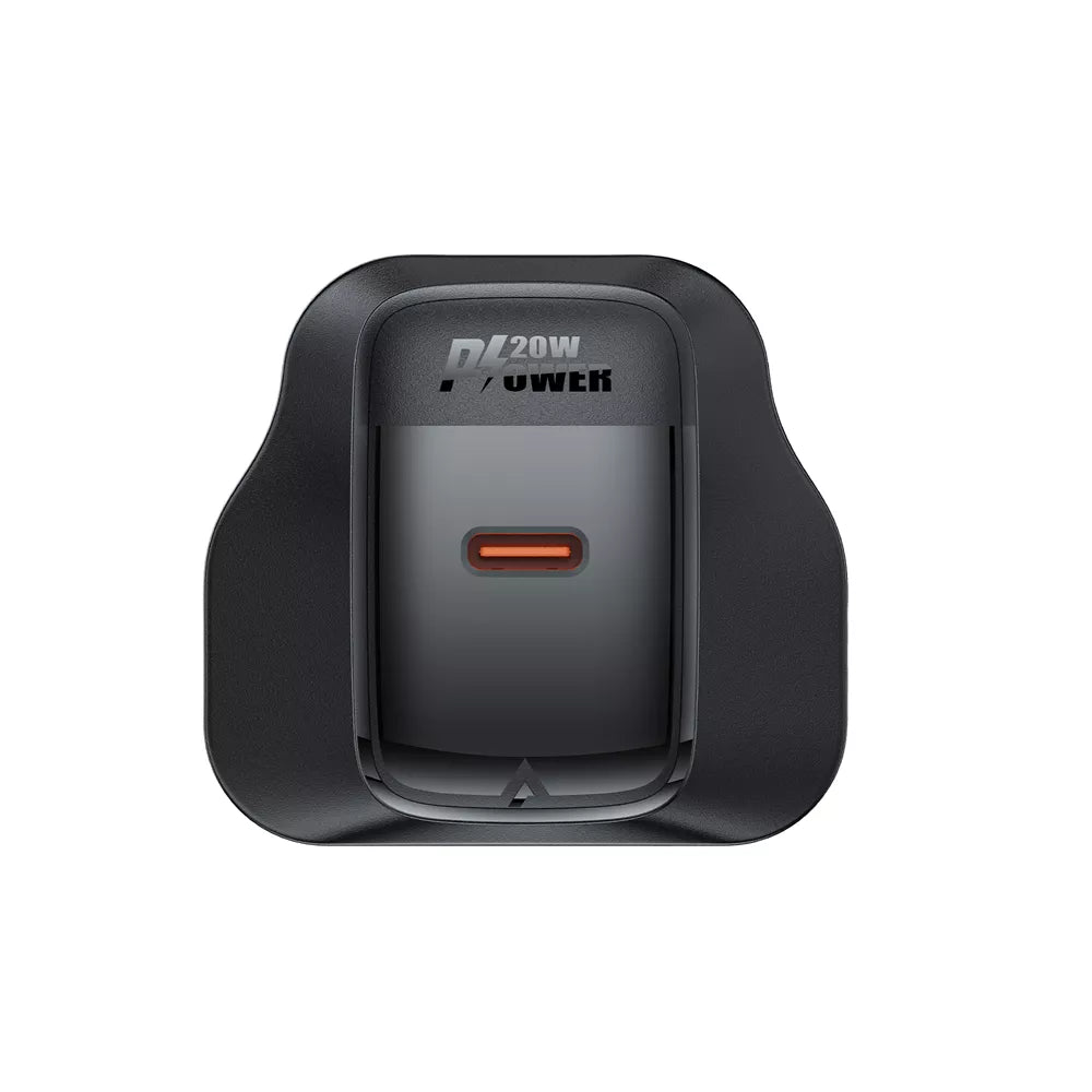 Black Acefast 20W UK plug with a single USB-C port.