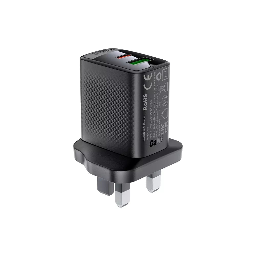 Black Acefast 30W UK plug with a USB-C and a USB-A port.