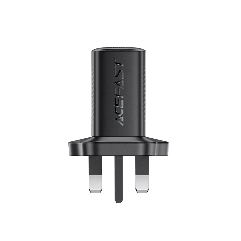 Black Acefast 20W UK plug with a single USB-C port.