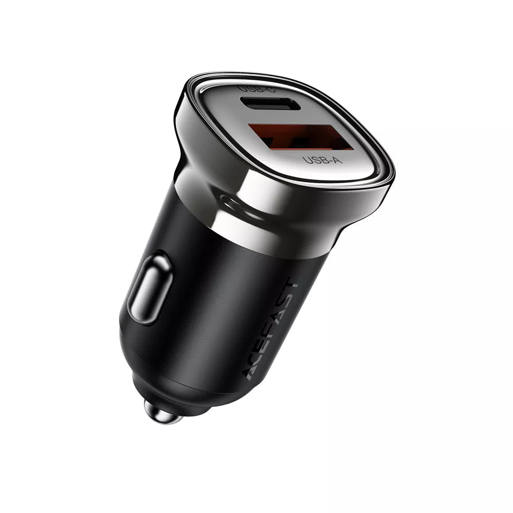 Small black zinc alloy Acefast car charger with two ports, shown upright.