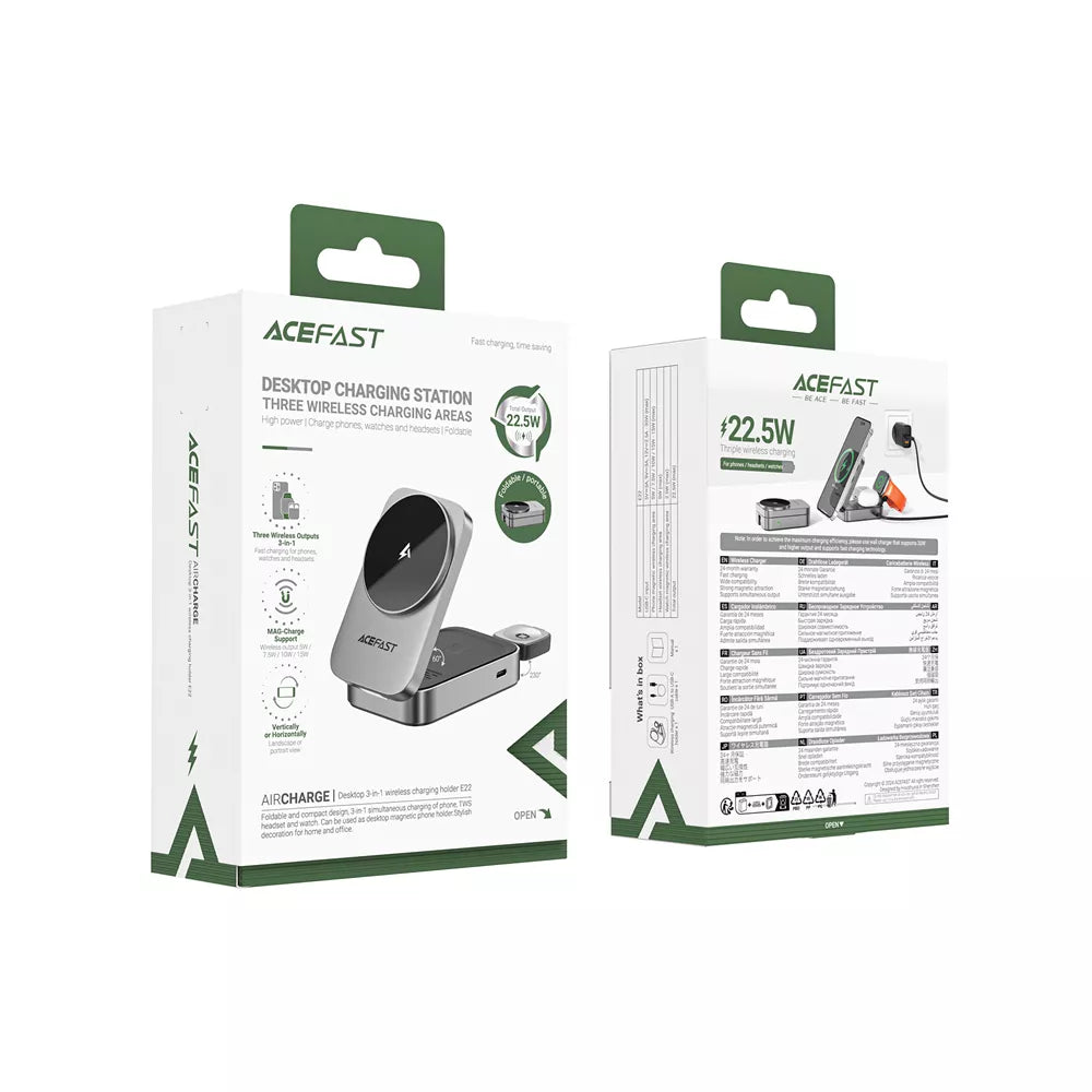 Grey Acefast folding charging station holding an iPhone, AirPods case and Apple Watch.