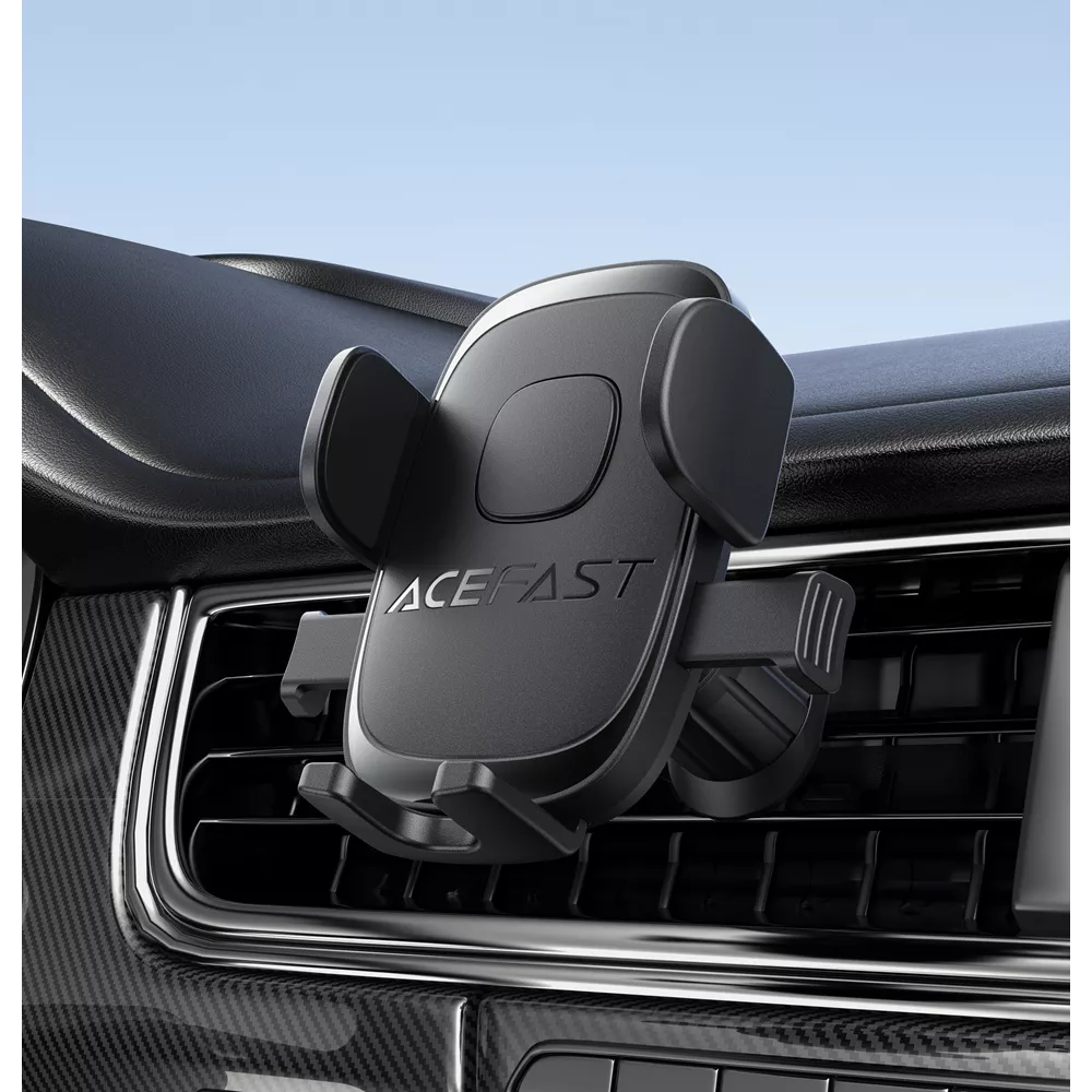 Black Acefast clamping phone holder locked onto a car air vent blade.