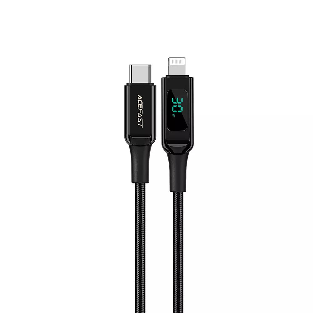 Black Acefast Lightning cable with a small LED wattage display in the connector.