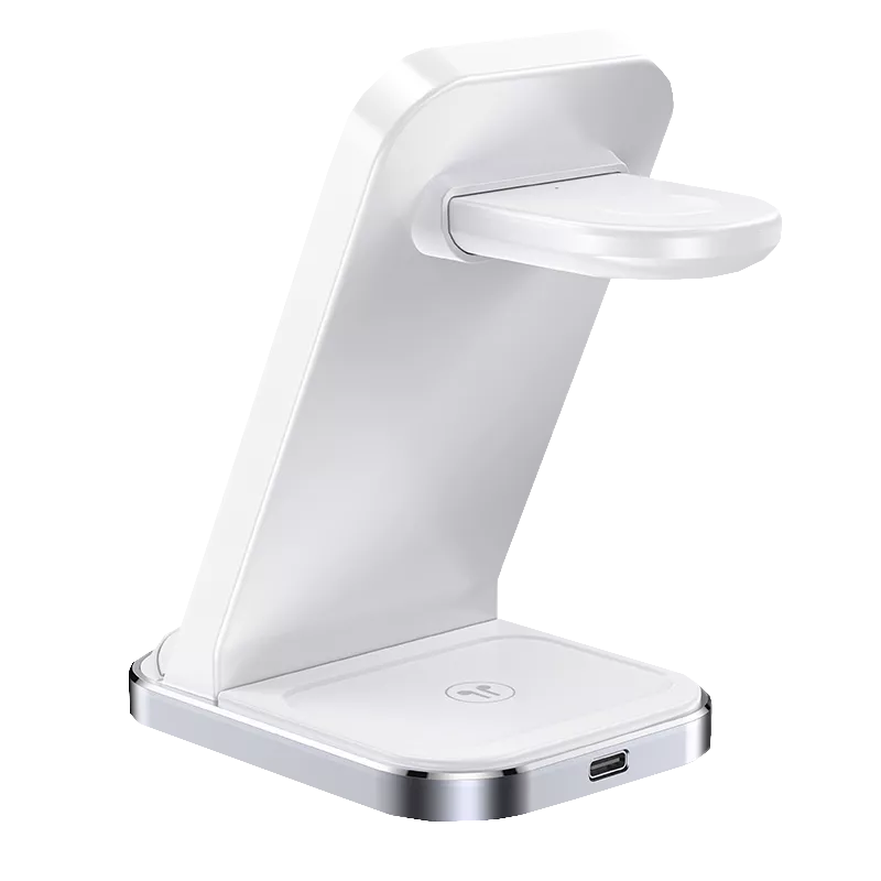 White Acefast upright 3 in 1 charging stand with a detachable watch pad.