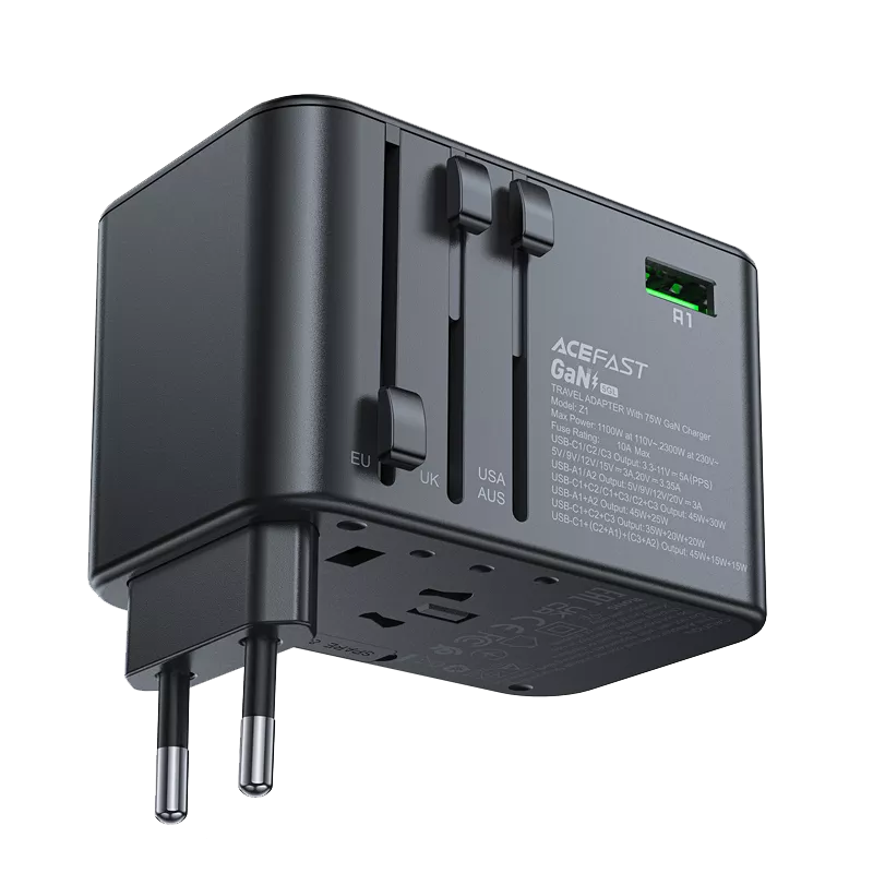 Black Acefast travel adapter with three USB-C ports and two USB-A ports.
