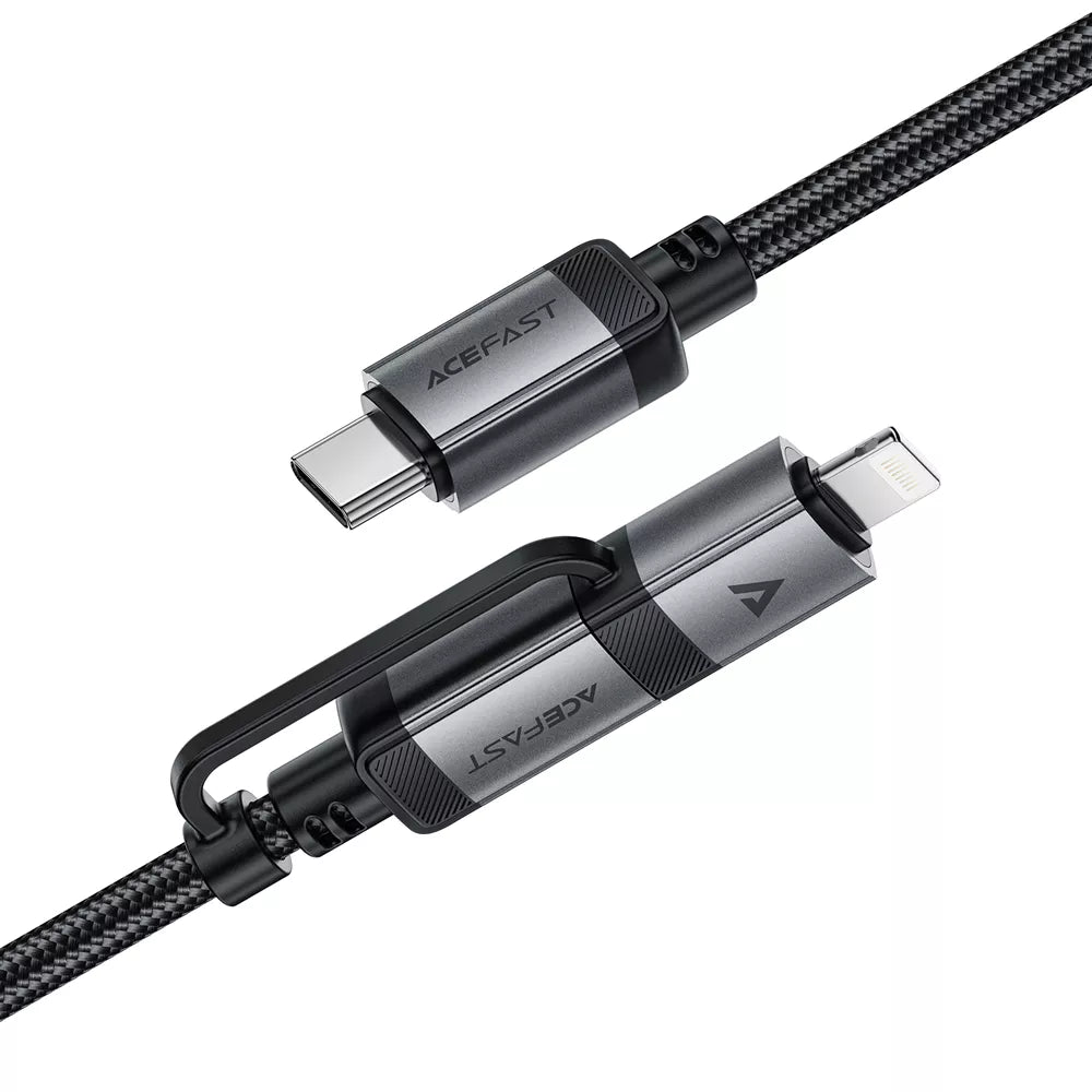Acefast black braided 2 in 1 charging cable with USB-C and Lightning connectors.