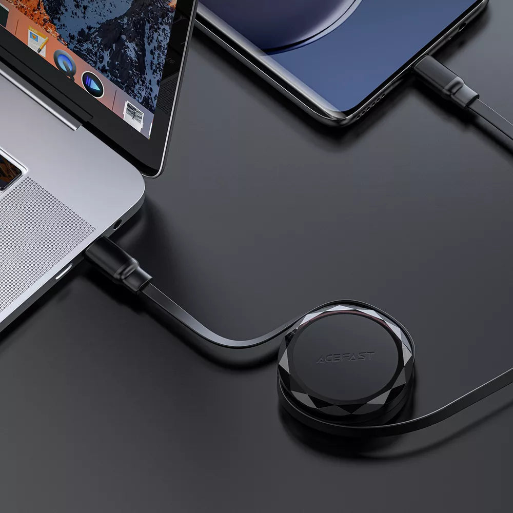 Black Acefast retractable USB-C to USB-C cable partly wound into its housing.