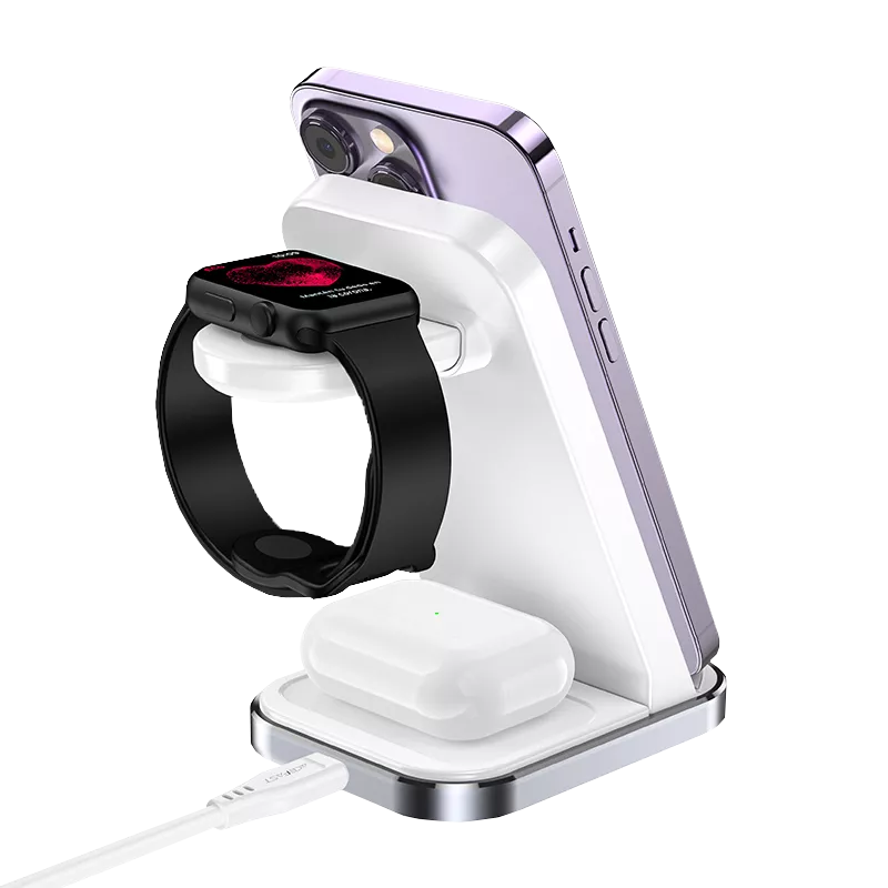 White Acefast upright 3 in 1 charging stand with a detachable watch pad.
