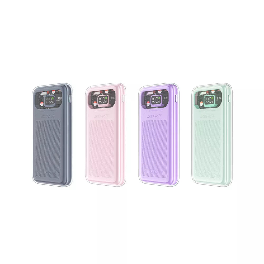 Acefast 30W power bank in Mountain Mist grey with LED digital display.