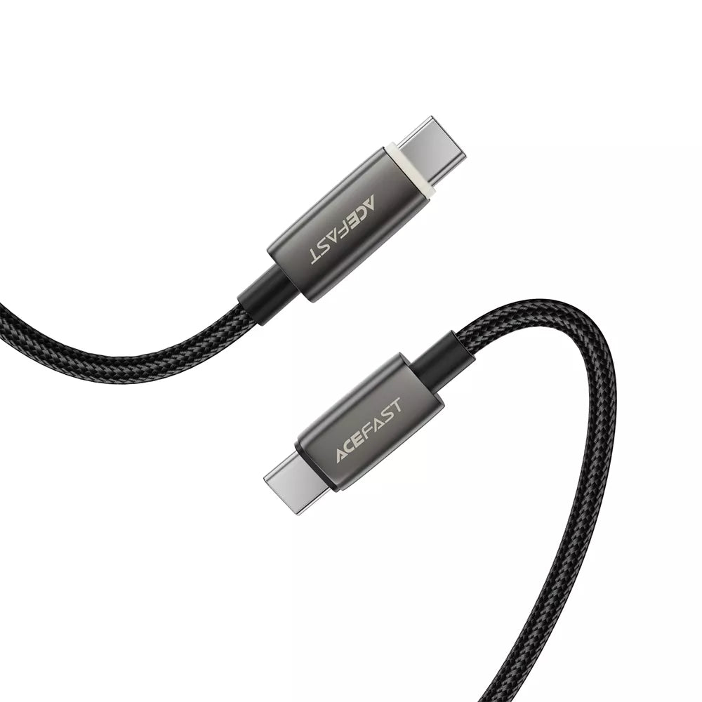 Black braided Acefast USB-C cable with a lit charging indicator.