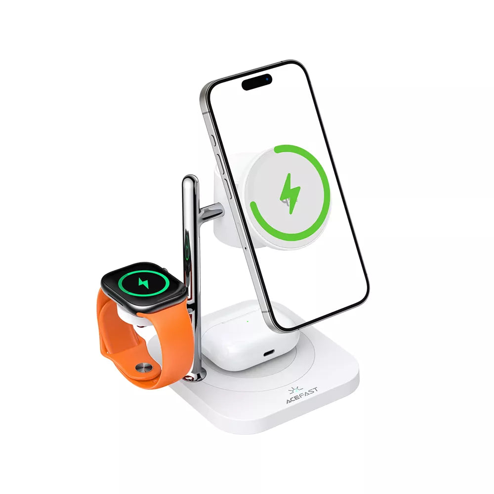 White Acefast Qi2 charging pad with an upright phone mount, earbuds area and watch pad.