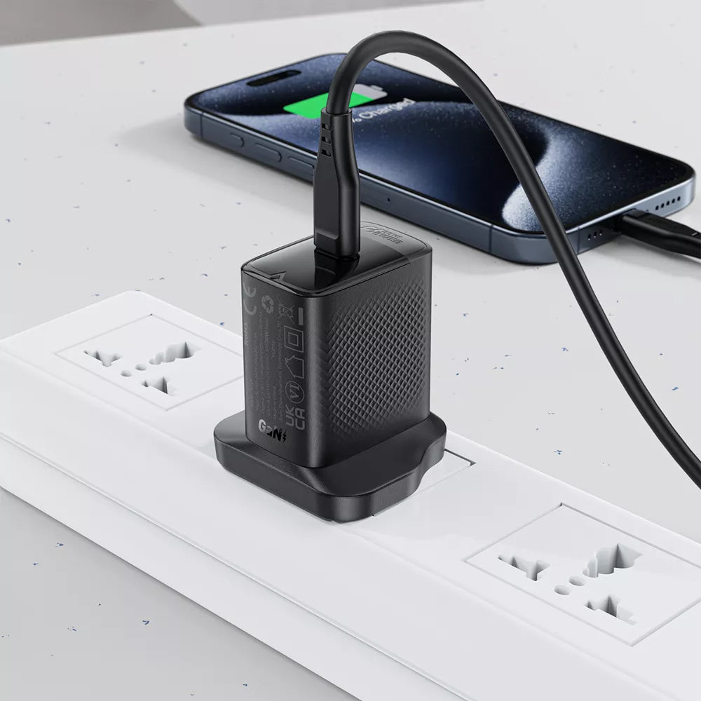 Black Acefast 30W UK plug with a single USB-C port.