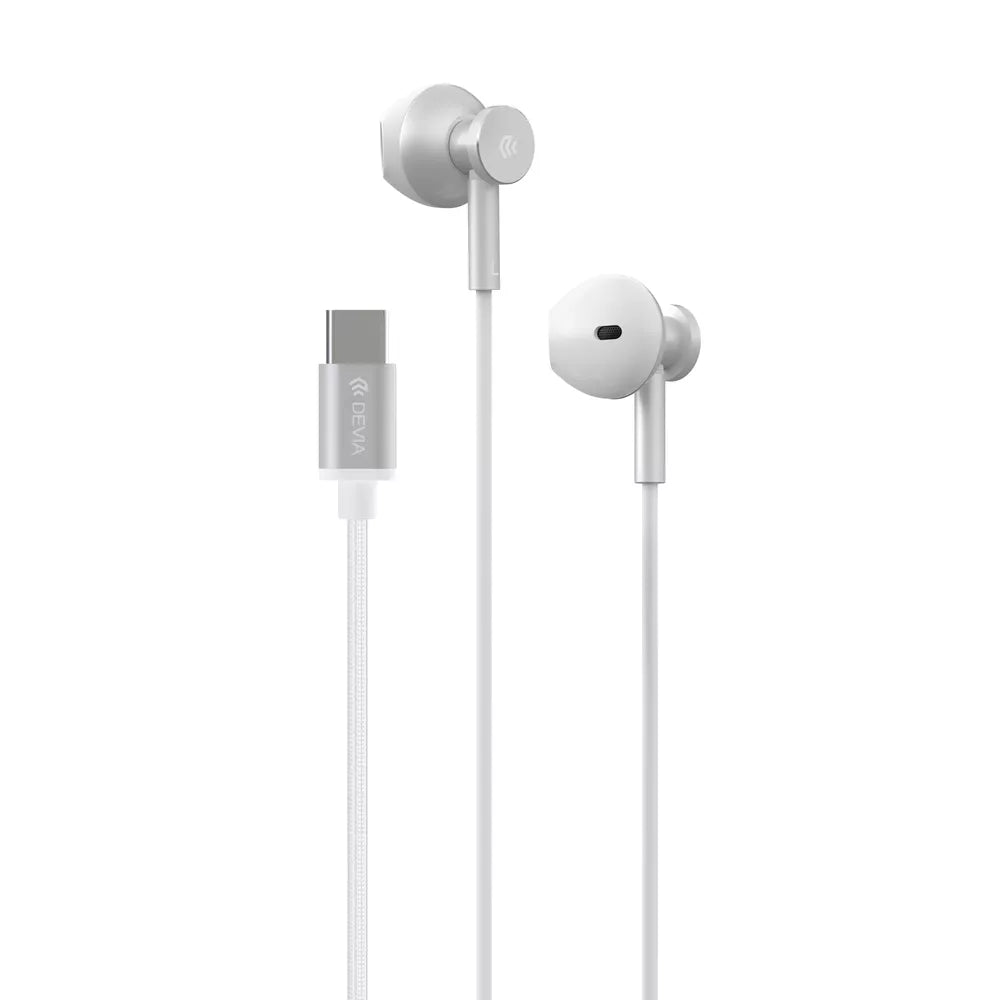 Silver Devia metal in-ear earphones with a USB-C plug and inline control.