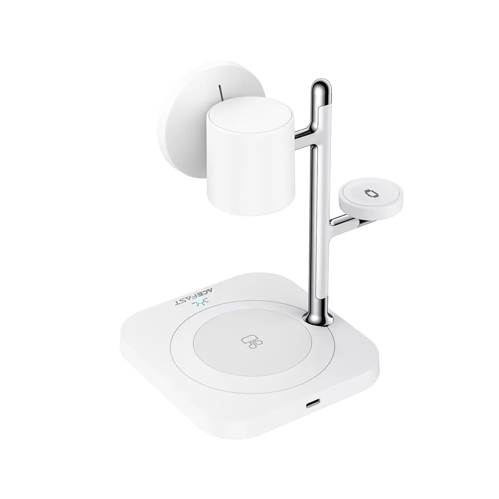 White Acefast Qi2 charging pad with an upright phone mount, earbuds area and watch pad.