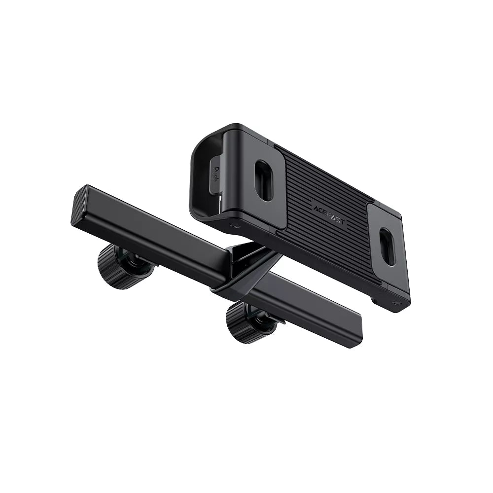Black Acefast headrest mount holding a tablet on the back of a car seat.