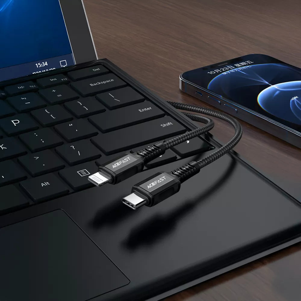 Black braided Acefast USB-C to Lightning cable with alloy connectors.