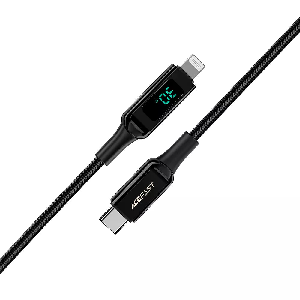 Black Acefast Lightning cable with a small LED wattage display in the connector.
