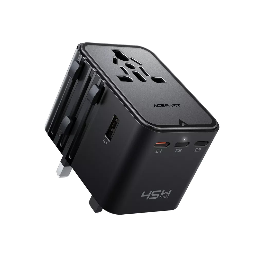 Black Acefast GaN travel adapter with five charging ports and a fold-out plug.