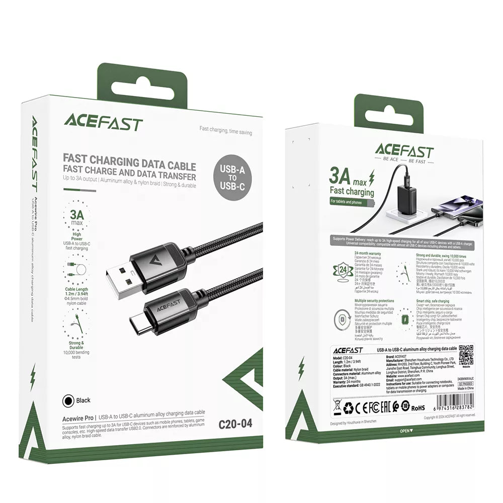 Black braided Acefast USB-A to USB-C cable ready to pack.