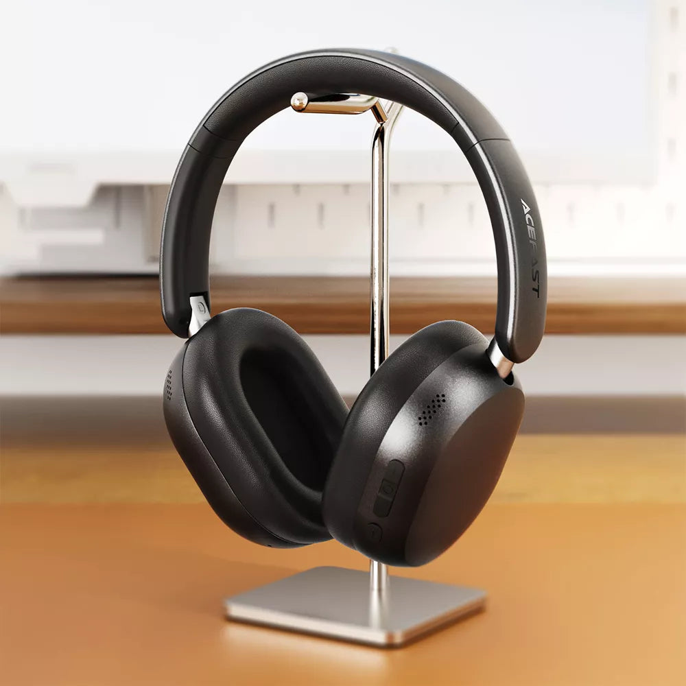 Black Acefast foldable on-ear wireless headphones with noise cancelling, folded flat.