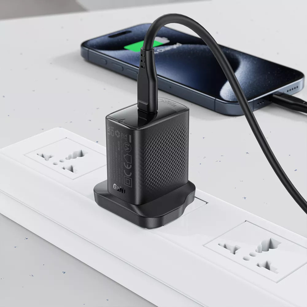 Black Acefast 20W UK plug with a single USB-C port.