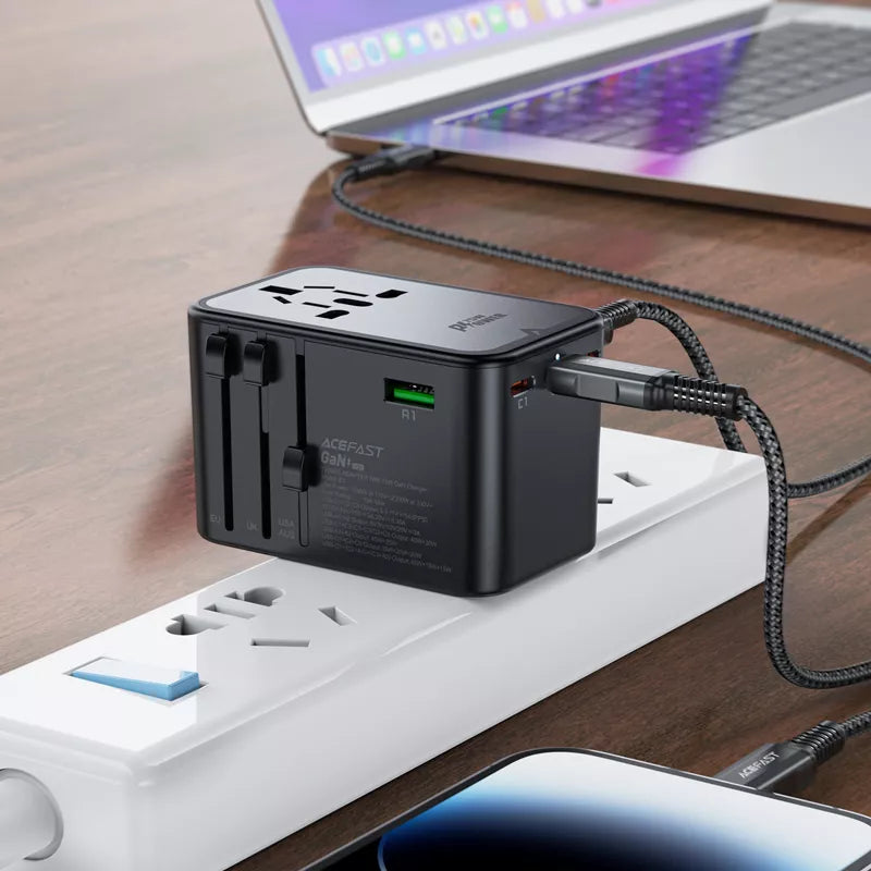 Black Acefast travel adapter with three USB-C ports and two USB-A ports.