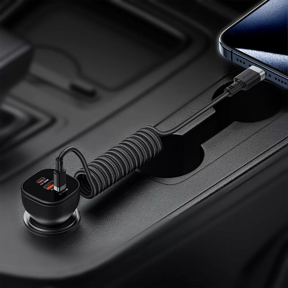 Black Acefast USB-C cable with a coiled spring anti-tangle section.