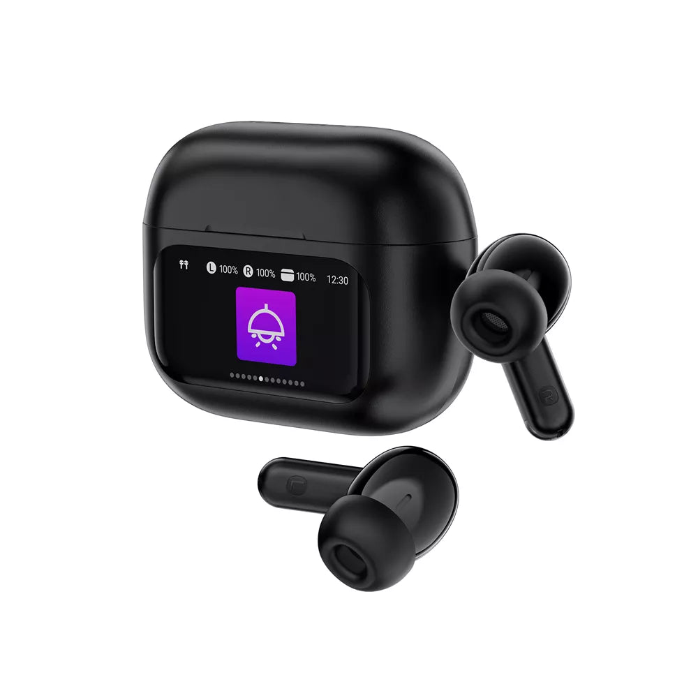 Black Acefast wireless earbuds with a charging case showing a colour display.
