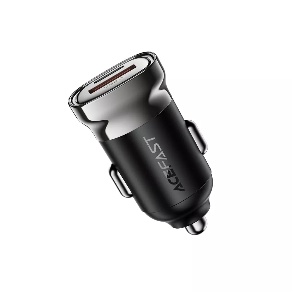 Small black zinc alloy Acefast car charger with two ports, shown upright.