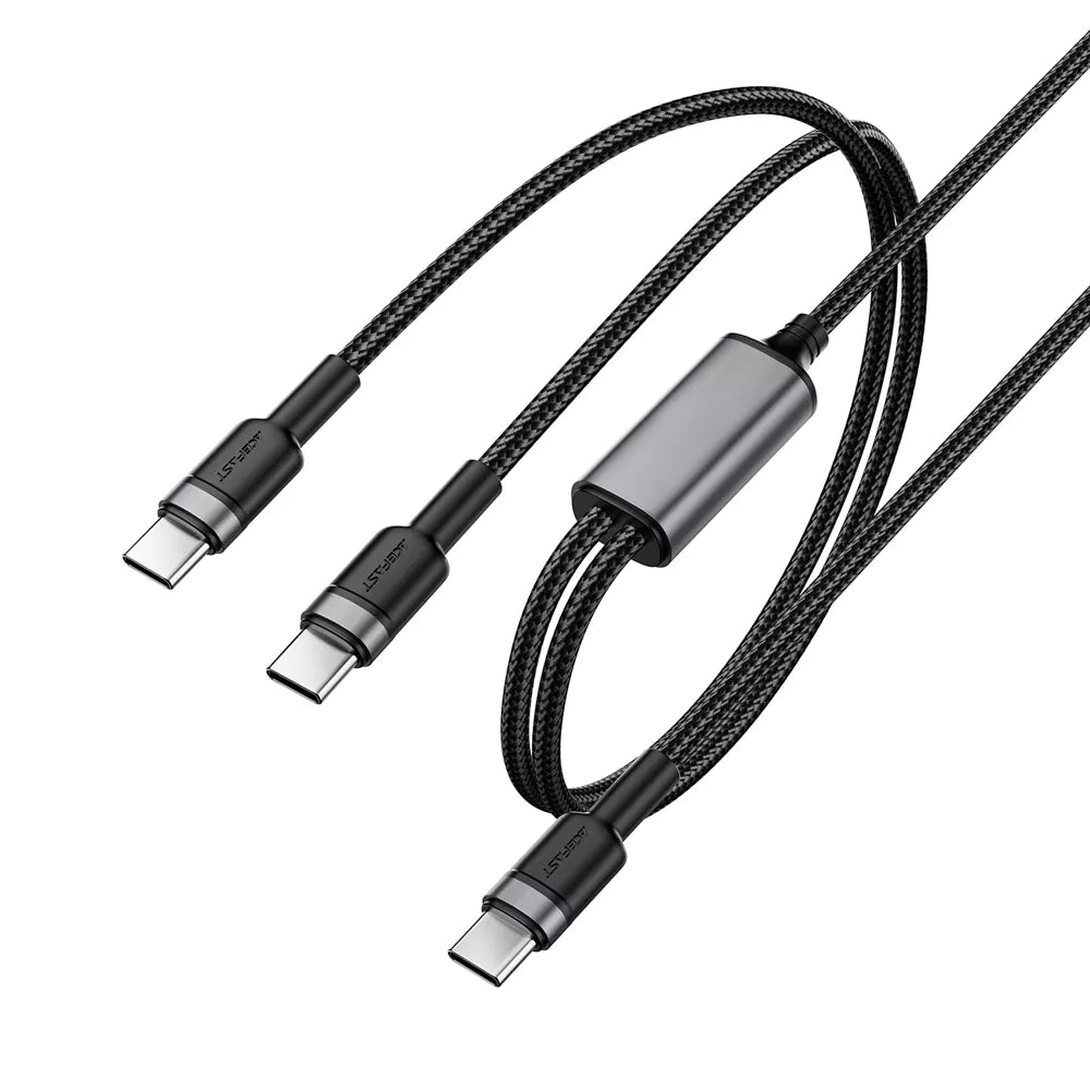 Black braided Acefast cable splitting from one USB-C plug into two USB-C ends.